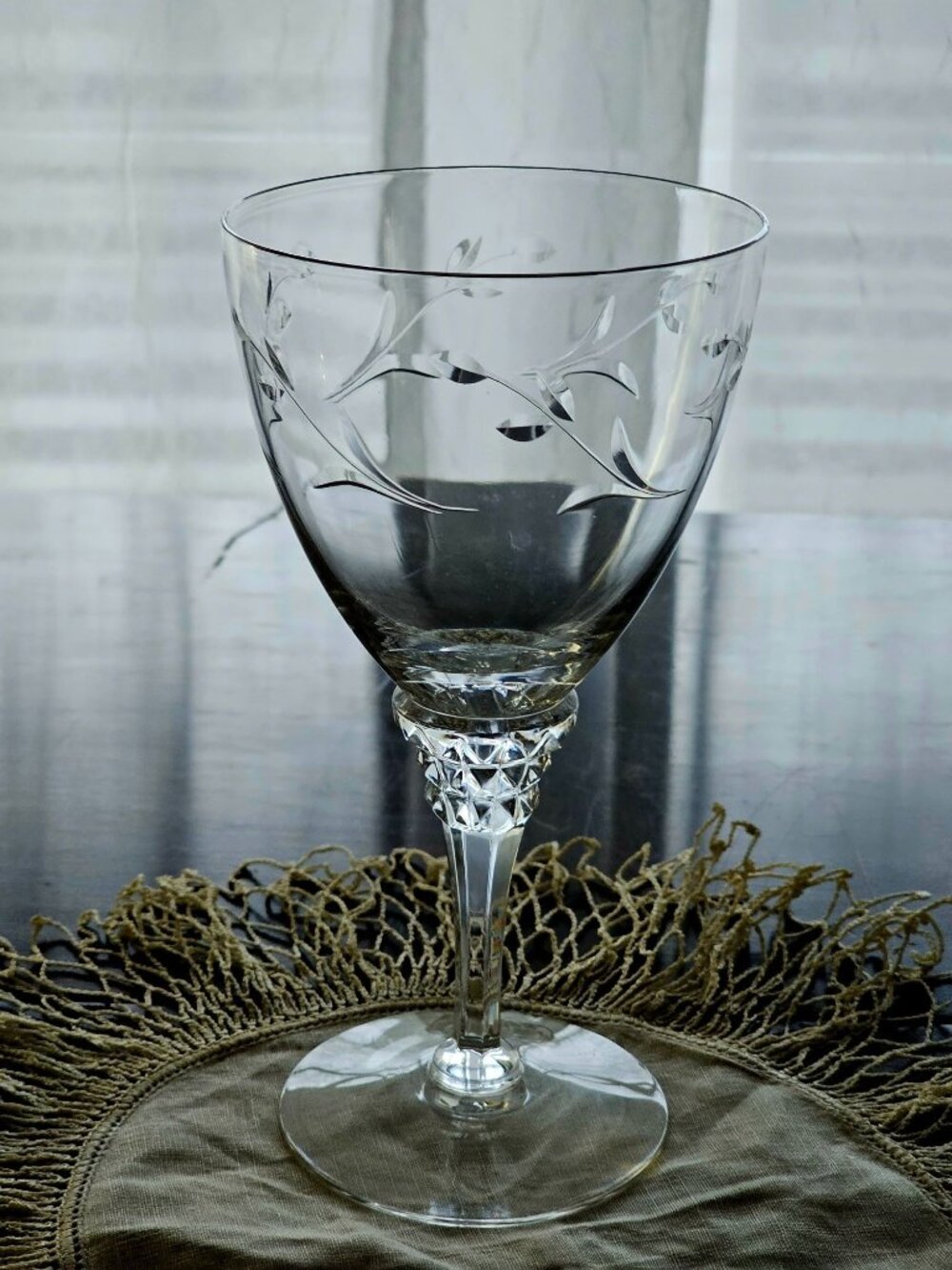 Tiffin Rose Marie Water Glass flower cut glass romantic 60s vtg sculpted stem 6. - Picture 4 of 6